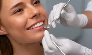 Uśmiechnięta kobieta u dentysty. Czy bonding niszczy zęby? Specjalista bada uzębienie pacjentki.