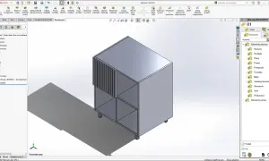 Projektowanie mebli w programie SolidWorks WoodExpert. Widok modelu szafki z widoczną biblioteką komponentów.