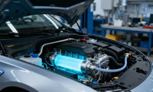 Moteur de voiture avec un cylindre lumineux bleu, peut-être pour un décalaminage hydrogène.