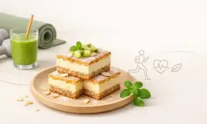 Pyszne ciasto z odżywką białkową, ozdobione kiwi i miętą, obok zielonego smoothie i akcesoriów sportowych. Idealne dla aktywnych!