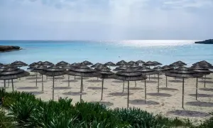 Pusta plaża na Cyprze w maju, rzędy parasoli z trawy czekają na turystów. Piękna pogoda cypr maj.