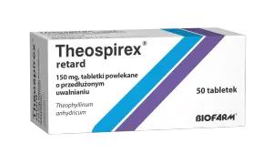 Opakowanie leku Theospirex retard, 150 mg, 50 tabletek powlekanych o przedłużonym uwalnianiu.