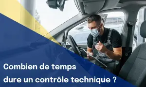 Un mécanicien masqué examine un véhicule. La question "Combien de temps dure un contrôle technique ?" est affichée.