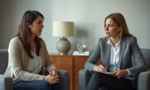 Kobieta w beżowym kardiganie rozmawia z terapeutką, która notuje. To obraz wsparcia w trudnych chwilach, symbol interwencji kryzysowej.