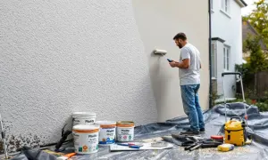 Un homme peint un mur en pierre texturé en blanc avec un rouleau. Des pots de peinture sont au sol.