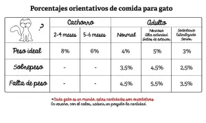 Tabla de alimento para gatos con porcentajes según edad y actividad. Incluye cachorros, adultos normales, activos, sedentarios y seniors.