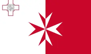 Flaga Malty: biało-czerwona z krzyżem maltańskim i herbem.