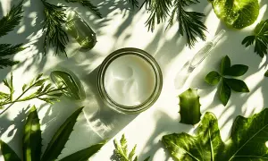 Crema blanca en un frasco rodeada de hojas verdes y ramas. Un concepto de **cosmética sostenible** que evoca frescura y naturaleza.