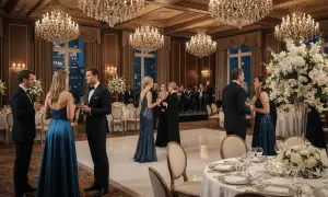 Elegante Damen in Abendkleidern und Herren im Frack bei einer Hochzeit mit Black-Tie-Gala.