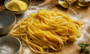 Un plat italien de pâtes fraîches, prêt à être cuisiné. Des ingrédients simples : farine, œufs, sel, huile d'olive et basilic.
