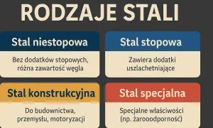 Rodzaje stali: niestopowa (bez dodatków), stopowa (z dodatkami), konstrukcyjna (do budowy) i specjalna (np. żaroodporna).