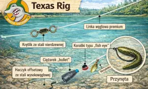 Schemat zestawu Texas Rig: haczyk offsetowy, ciężarek bullet, koraliki, krętlik, linka węglowa i przynęta.