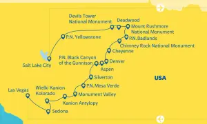 Mapa USA z trasą przez parki narodowe: Yellowstone, Black Canyon, Mesa Verde, Wielki Kanion Kolorado, Antelope Canyon, Sedona, Las Vegas, Salt Lake City, Devils Tower, Mount Rushmore, Badlands, Chimney Rock.