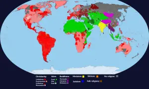 Mapa świata pokazująca, gdzie występuje buddyzm: głównie w Azji Południowo-Wschodniej (fioletowe odcienie) i częściowo w Azji Wschodniej.
