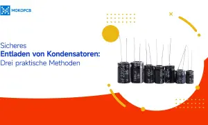 Mehrere Elektrolytkondensatoren, bereit für das sichere Entladen. Die Beschriftung "Sicheres Entladen von Kondensatoren" weist auf die Thematik hin.