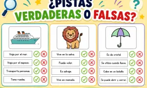 Un juego de pistas preparado con un barco, un león y un paraguas. Los niños deben decidir si las afirmaciones sobre cada imagen son verdaderas o falsas.