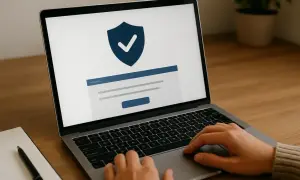 Osoba sprawdza na laptopie, gdzie sprawdzić czy jestem ubezpieczony. Na ekranie widnieje symbol tarczy z zaznaczeniem.