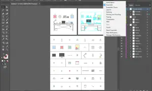 Projekt graficzny w formacie plik eps, zawierający ikony biurka, lampy, komputera i innych przedmiotów. Widoczny jest panel "Essentials" w programie Adobe Illustrator.