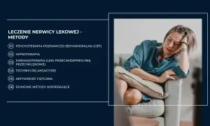 Kobieta zmartwiona na kanapie. Obok lista metod leczenia nerwicy lękowej, w tym psychoterapia poznawczo-behawioralna.