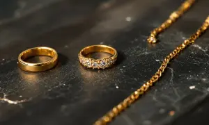 Anillos de oro 375, que significa 9 quilates, y una cadena dorada sobre fondo oscuro.