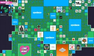 Mapa wirtualnego świata The Sandbox z widocznymi działkami, logotypami marek i grafikami. Widać m.in. "Care Bears", "Team SnowBall" i "The Sandbox".