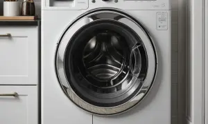 Nowa pralka Whirlpool z błędem F05. Nowoczesny design, chromowany bęben i eleganckie uchwyty szafek.
