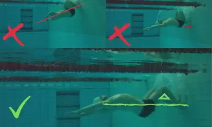 Underwater shots demonstrate proper technique for flip turn drills, showing incorrect body position with red crosses and correct streamlined form with a green checkmark.