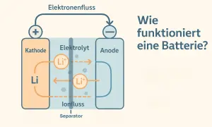 Schema erklärt, wie funktioniert eine Batterie: Lithiumionen wandern durch den Elektrolyten, während Elektronen fließen.