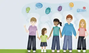 Vijf kinderen houden elkaars hand vast, met symbolen van communicatie en begrip boven hun hoofd. Ze leren over omgaan met mensen.