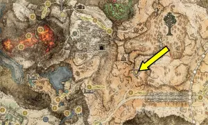 Mapa Elden Ring. Żółta strzałka wskazuje na punkt na mapie, gdzie można spotkać Melinę.
