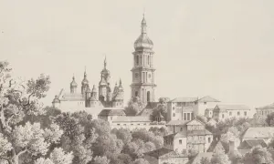 Dawny widok Kijowa z cerkwiami i wieżą. Ile lat ma Ukraina? Tysiące lat historii w tej rycinie.