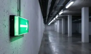 Zielone oświetlenie ewakuacyjne ze strzałką w prawo wskazuje drogę w długim, pustym korytarzu z betonowymi słupami.
