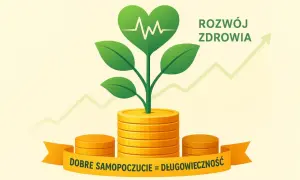 Zielona roślina z sercem i EKG wyrasta ze stosu monet. Napis "Rozwój zdrowia".