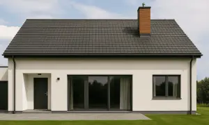 Nowoczesny dom z szarym dachem i ceglanym kominem. Instalacja kominowa jest kluczowym elementem zapewniającym prawidłowe działanie ogrzewania.