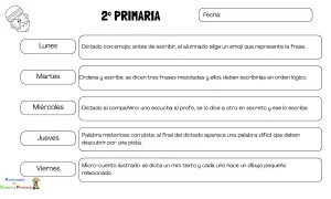 Planificador semanal de actividades para 2º Primaria, incluyendo dictados largos y otras tareas de escritura y comprensión.