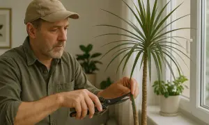 Mann mit Kappe und Schere schneidet einen Drachenbaum, um ihn in Form zu halten.