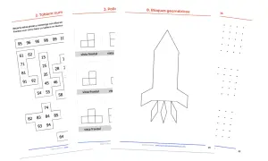 Tablero con números y dibujos para construir. Incluye piezas con números, vistas frontales de bloques y un cohete. Ideal para actividades de **dibujos con números**.