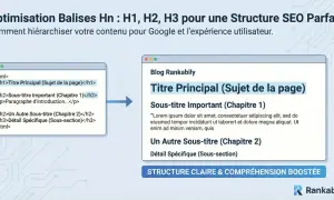 Exemple de code html montrant l'utilisation des balises Hn (H1, H2, H3) pour structurer un contenu de blog, optimisant ainsi le SEO.