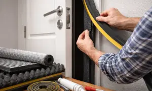 Un homme applique une bande adhésive pour isoler phoniquement une porte. Divers matériaux d'isolation sont visibles sur la table.