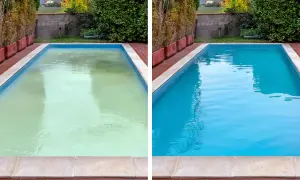 Comparativa de reforma piscina antes y después: agua verde y turbia transformada en un azul cristalino y refrescante.