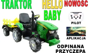 Zielony traktor zabawkowa z żółtą przyczepą, pilotem i ekranem aplikacji.