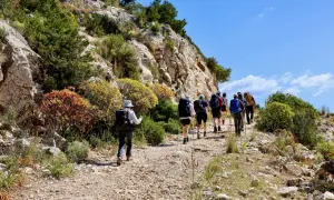 Un groupe de randonneurs explore un sentier rocailleux en Sardaigne, entouré de végétation méditerranéenne et de falaises.