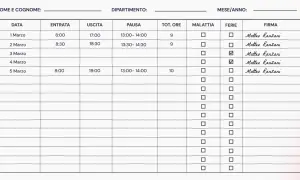 Scheda mensile ore di lavoro con date, orari di entrata/uscita, pause, ore totali, caselle per malattia/ferie e firma.