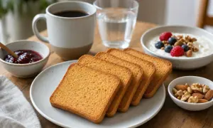 Fette biscottate dorate su un piatto, accompagnate da caffè, marmellata, yogurt con frutti di bosco e frutta secca.