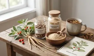 Ashwagandha na co? Frische Pflanze, Kapseln, Pulver und Tee auf Holztisch. Notizbuch zeigt Withania somnifera.