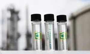 Tre små provrör med Preem Evolution Diesel står framför en industriell bakgrund.