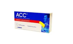 Opakowanie leku ACC z acetylocysteiną 200 mg. tabletki, co to jest? Ułatwia odkrzuszanie. 20 tabletek. Sandoz.