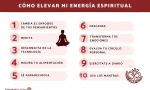 Guía para elevar tu energía espiritual: medita, agradece, descansa y mejora tu alimentación para un mayor nivel de conciencia.