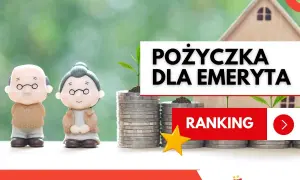 Figurki emerytów obok stosów monet i domku. Napis "Pożyczka dla emeryta" i "Ranking". Szukasz pozyczka bez bik?