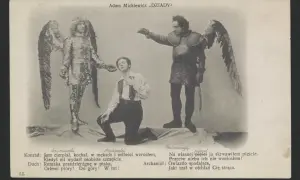 Gustaw klęczy przed aniołem i rycerzem. Scena z "Dziadów" Adama Mickiewicza.